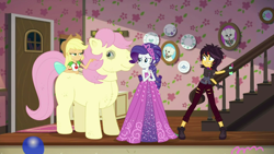 Size: 1280x720 | Tagged: safe, screencap, applejack, fluttershy, posey, rarity, sunset shimmer, better together, choose your own ending, costume conundrum, costume conundrum: applejack, equestria girls, g1, bulk biceps' home, clothes, costume, fangs, fluttershy suit, geode of empathy, magical geodes, quadsuit, scared, sleeveless, vampire shimmer, wooyoo