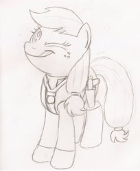 Size: 2040x2504 | Tagged: safe, artist:birdco, applejack, earth pony, pony, clothes, han solo, monochrome, solo, traditional art