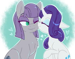 Size: 968x760 | Tagged: safe, artist:esmeia, maud pie, rarity, earth pony, pony, unicorn, eyes closed, female, heart, lesbian, mare, nuzzling, one eye closed, rarimaud, shipping, smiling, story included, when she smiles, wrong cutie mark