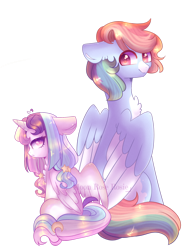 Size: 1280x1670 | Tagged: safe, artist:moon-rose-rosie, derpibooru import, rainbow dash, oc, oc:celestial moon, pegasus, pony, unicorn, alternate design, alternate universe, chest fluff, father and child, father and daughter, female, magical lesbian spawn, male, moon, offspring, parent and child, parent:rainbow dash, parent:twilight sparkle, parents:twidash, rainbow hair, rule 63, simple background, stars, transparent background