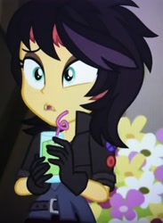 Size: 2211x3022 | Tagged: safe, screencap, sunset shimmer, better together, choose your own ending, costume conundrum, costume conundrum: applejack, equestria girls, beverage, clothes, costume, crazy straw, cropped, drink, drinking straw, fangs, female, gloves, solo, vampire shimmer, wig