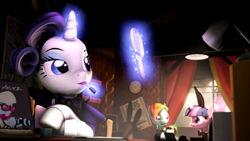 Size: 3840x2160 | Tagged: safe, artist:apexpredator923, derpibooru import, photo finish, rainbow dash, rarity, twilight sparkle, pegasus, pony, unicorn, 3d, bunny suit, lipstick, magic, mirror, playboy bunny, source filmmaker