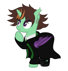 Size: 3576x3760 | Tagged: safe, artist:magicdarkart, oc, oc only, oc:mareula snyde, alicorn, bat pony, bat pony alicorn, pony, alicorn oc, bat pony oc, boots, cape, cloak, clothes, commission, crossover, ear piercing, earring, eyeshadow, fangs, female, harry potter, hogwarts mystery, jewelry, makeup, mare, merula snyde, necktie, piercing, raised hoof, shoes, simple background, slytherin, socks, solo, stockings, thigh highs, torn clothes, transparent background