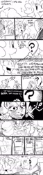 Size: 600x2434 | Tagged: safe, artist:sunibee, pinkie pie, oc, oc:anon, human, /mlp/, anon in equestria, bottle, chocolate milk, clothes, comic, cup, dialogue, jug, milk, monochrome, necktie, question mark, shocked, silly straw, smiling, suit, syrup, table