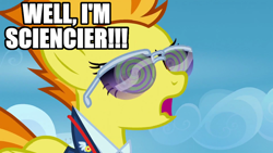 Size: 1920x1080 | Tagged: safe, derpibooru import, edit, edited screencap, screencap, spitfire, pegasus, pony, wonderbolts academy, dr. insano, image macro, science, spoony, sunglasses, text, the spoony experiment