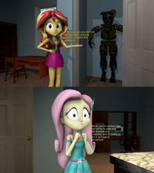 Size: 2720x3048 | Tagged: safe, artist:fazbearsparkle, fluttershy, sunset shimmer, better together, choose your own ending, costume conundrum, costume conundrum: sunset shimmer, equestria girls, 3d, animatronic, clothes, costume, dialogue, five nights at freddy's, five nights at freddy's 3, fnaf 3, horrified, source filmmaker, springtrap