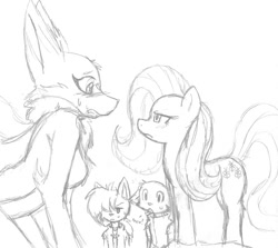 Size: 862x768 | Tagged: safe, artist:steelsoul, fluttershy, diamond dog, pegasus, pony, diamond puppy, monochrome, the stare