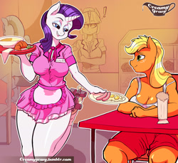 Size: 2500x2289 | Tagged: safe, artist:creamygravy, applejack, fluttershy, rarity, twilight sparkle, anthro, plantigrade anthro, applerack, bedroom eyes, big breasts, breakfast, breasts, carhop, cleavage, clothes, croissant, diner, egg (food), exclamation point, female, food, grin, lesbian, milkshake, miniskirt, raised leg, rarijack, raritits, roller skates, sausage, shipping, shorts, skirt, smiling, tanktop, waitress