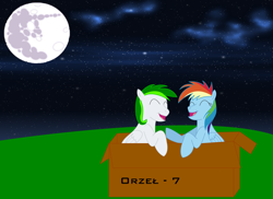 Size: 4677x3400 | Tagged: safe, artist:cypisek95, derpibooru import, rainbow dash, oc, pegasus, pony, box, eyes closed, female, full moon, hooves, male, mare, mare in the moon, moon, night, open mouth, pony in a box, stallion, wings