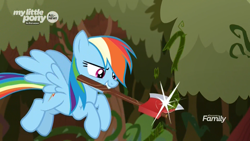 Size: 1920x1080 | Tagged: safe, derpibooru import, screencap, rainbow dash, pegasus, pony, the beginning of the end, axe, badass, female, flying, mare, mouth hold, vine, weapon