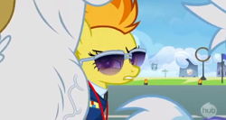 Size: 628x334 | Tagged: safe, derpibooru import, screencap, bulk biceps, cloudchaser, spitfire, pony, wonderbolts academy, female, mare, roid rage, sunglasses, vein