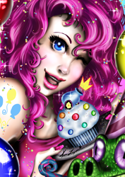 Size: 900x1273 | Tagged: safe, artist:maximumimpulse, gummy, pinkie pie, human, cupcake, humanized