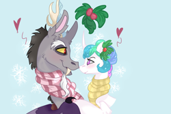 Size: 852x569 | Tagged: safe, artist:bombasticdingo, discord, princess celestia, alicorn, pony, alternate hairstyle, clothes, dislestia, heart, holly, holly mistaken for mistletoe, hug, male, nuzzling, scarf, shipping, straight, winghug