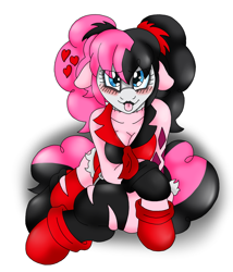 Size: 1625x1900 | Tagged: safe, artist:blackbewhite2k7, pinkie pie, anthro, unguligrade anthro, alternate hairstyle, clothes, commission, costume, daisy dukes, harley quinn, hooves, justice league: gods and monsters, lipstick, solo