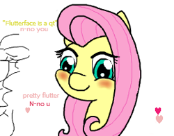 Size: 267x209 | Tagged: safe, artist:lockheart, fluttershy, pegasus, pony, blushing, cute, flockmod, simple background, smiling, solo, text, white background