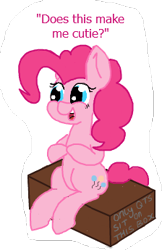 Size: 224x345 | Tagged: safe, artist:lockheart, pinkie pie, earth pony, pony, cardboard box, cute, cutie box, diapinkes, flockmod, simple background, sitting, solo, text, white background