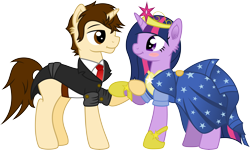 Size: 12478x7500 | Tagged: safe, artist:mactavish1996, artist:moonlight-ki, derpibooru import, twilight sparkle, absurd resolution, blushing, clothes, crossover, crossover shipping, dress, eye contact, female, fluffy, gala dress, holding hooves, male, marvel, marvel comics, necktie, peter parker, ponified, shipping, simple background, smiling, spider-man, spiders and magic: rise of spider-mane, spidertwi, straight, suit, transparent background, vector