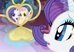 Size: 2555x1788 | Tagged: safe, artist:morgwaine, fluttershy, rarity, pegasus, pony, unicorn, fanfic:bride of discord, bff, heart locket, levitation, necklace, photo, unrequited, youtube, youtube link