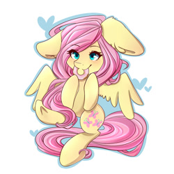 Size: 1000x1000 | Tagged: safe, artist:blowfishartist, fluttershy, pegasus, pony, donut, ear fluff, eating, floppy ears, mouth hold, on back, solo, spread wings