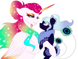 Size: 1600x1200 | Tagged: safe, artist:minelvi, princess celestia, oc, oc only, oc:neoma, alicorn, pony, holding a pony, parent:oc:cyan crystal, parent:princess luna, peacock feathers