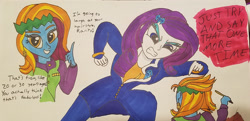 Size: 2228x1082 | Tagged: safe, artist:iffoundreturntorarity, rarity, sassy saddles, equestria girls, crossover, diamond is unbreakable, equestria girls-ified, jojo's bizarre adventure, josuke higashikata, rohan kishibe, this will end in tears, traditional art