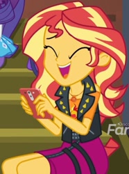 Size: 540x725 | Tagged: safe, screencap, sunset shimmer, better together, choose your own ending, costume conundrum, equestria girls, cropped, cute, geode of empathy, iphone, laughing, magical geodes, offscreen character, shimmerbetes, smiling, solo focus, sunset's apartment
