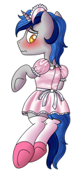 Size: 500x1050 | Tagged: safe, artist:cappie, oc, oc only, oc:cappie, pony, unicorn, blushing, body pillow, body pillow design, clothes, crossdressing, dress, forced feminization, maid, maid headdress, male, padlock, satin, shiny, shoes, silk, simple background, sissy, skirt, socks, solo, stallion, stockings, thigh highs, transparent background, uniform, zipper