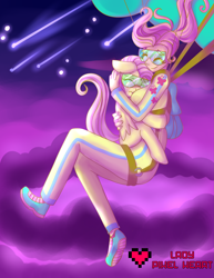 Size: 2975x3850 | Tagged: safe, artist:ladypixelheart, fluttershy, human, acrophobia, air ponyville, boob smothering, clothes, cute, goggles, hug, human ponidox, humanized, jumpsuit, parachute, scared, shyabetes, skydiving
