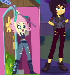 Size: 661x709 | Tagged: safe, edit, edited screencap, screencap, fluttershy, sunset shimmer, better together, costume conundrum, costume conundrum: sunset shimmer, equestria girls, the road less scheduled, the road less scheduled: fluttershy, spoiler:choose your own ending (season 2), duo, duo female, female, flutterpunk, midriff, vampire shimmer, wig
