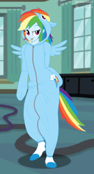 Size: 2079x3849 | Tagged: safe, artist:foxbeast, derpibooru import, rainbow dash, pony, equestria girls, :p, clothes, costume, human ponidox, inception, kigurumi, pajamas, self ponidox, socks, solo, tongue out