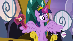 Size: 1280x720 | Tagged: safe, derpibooru import, screencap, twilight sparkle, twilight sparkle (alicorn), alicorn, pony, trade ya, crown, female, gavel, hammer, hub logo, magic, mare, new crown, solo, tiara