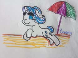 Size: 3264x2448 | Tagged: safe, artist:creamyfairy, rarity, pony, unicorn, beach, sleeping, solo, sun, sunglasses, traditional art, umbrella