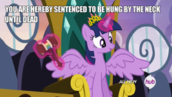 Size: 1280x720 | Tagged: safe, derpibooru import, edit, edited screencap, screencap, twilight sparkle, twilight sparkle (alicorn), alicorn, pony, trade ya, caption, female, gavel, hub logo, image macro, implied death, implied execution, implied hanging, judge twilight, judgement, magic, mare, meme, myou monster, new crown, oppression, oppressor, sitting, smiling, solo, spread wings, telekinesis, twibitch sparkle, tyrant sparkle