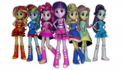 Size: 2773x1560 | Tagged: safe, artist:fazbearsparkle, applejack, fluttershy, pinkie pie, rainbow dash, rarity, sunset shimmer, twilight sparkle, twilight sparkle (alicorn), alicorn, equestria girls, 3d, bare shoulders, clothes, dress, fall formal outfits, humane five, humane seven, humane six, looking at you, simple background, sleeveless, source filmmaker, strapless, white background