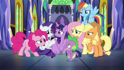 Size: 1920x1080 | Tagged: safe, derpibooru import, screencap, applejack, fluttershy, pinkie pie, rainbow dash, rarity, spike, twilight sparkle, twilight sparkle (alicorn), alicorn, dragon, earth pony, pegasus, pony, unicorn, the last problem, comic book, crying, mane seven, mane six, sad, winged spike