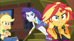 Size: 1924x1080 | Tagged: safe, screencap, applejack, rarity, sunset shimmer, costume conundrum, equestria girls, equestria girls series, spoiler:choose your own ending (season 2), spoiler:eqg series (season 2), applejack's hat, bracelet, cellphone, clothes, cowboy hat, denim skirt, female, geode of empathy, geode of super strength, hat, high heels, jewelry, legs, magical geodes, phone, shoes, skirt, smartphone, smiling, speakers, sunset's apartment, trio, trio female