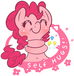 Size: 1845x1893 | Tagged: safe, artist:fluffyxai, pinkie pie, earth pony, pony, blushing, cute, eyes closed, female, mare, self-hugging, simple background, smiling, solo, transparent background