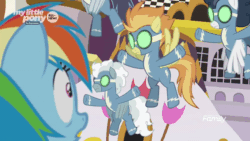 Size: 1000x562 | Tagged: safe, derpibooru import, screencap, high winds, rainbow dash, silver lining, silver zoom, soarin', spitfire, pegasus, pony, the beginning of the end, animated, asserting dominance, clothes, evil wonderbolts, female, glowing eyes, goggles, hyperventilating, male, mare, mind control, scared, scaredy dash, sombrafied, stallion, t pose, this will not end well, uniform, wonderbolts, wonderbolts uniform
