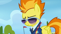 Size: 960x540 | Tagged: safe, derpibooru import, spitfire, pegasus, pony, wonderbolts academy, female, mare, sunglasses, two toned mane, wings, yellow coat