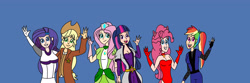 Size: 4688x1563 | Tagged: safe, artist:ajustice90, derpibooru import, applejack, fluttershy, pinkie pie, rainbow dash, rarity, twilight sparkle, human, fanfic:code lyoko: eg, equestria girls, clothes, code lyoko, crossover, fanfic art, human coloration, looking at you, simple background, waving