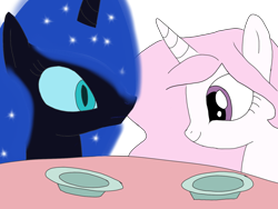 Size: 1600x1200 | Tagged: safe, artist:toyminator900, nightmare moon, princess celestia, alicorn, pony, cewestia, cute, duo, filly, pink-mane celestia, plate, simple background, table, transparent background, younger