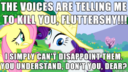 Size: 610x343 | Tagged: safe, fluttershy, rarity, pegasus, pony, unicorn, caption, derp, female, image macro, insanity, mare, meme, tree