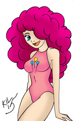 Size: 1024x1572 | Tagged: safe, artist:koku-chan, pinkie pie, human, belly button, clothes, cutie mark on clothes, humanized, one-piece swimsuit, solo, swimsuit