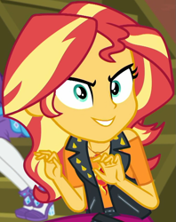 Size: 829x1046 | Tagged: safe, screencap, sunset shimmer, better together, costume conundrum, equestria girls, cropped, evil grin, geode of empathy, grin, looking at you, magical geodes, sinister, sinister smile, sitting, smiling, solo, sunset's apartment