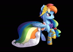 Size: 1754x1240 | Tagged: safe, artist:t0zona, derpibooru import, rainbow dash, pegasus, pony, the best night ever, black background, clothes, cute, dashabetes, dress, female, gala dress, grand galloping gala, mare, rainbow dash always dresses in style, simple background, solo