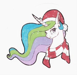 Size: 800x772 | Tagged: safe, artist:eternalsubscriber, princess celestia, alicorn, pony, blushing, clothes, ear fluff, hat, santa hat, scarf, simple background, snow, snowfall, solo, traditional art