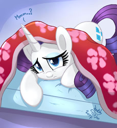 Size: 960x1050 | Tagged: safe, artist:joakaha, rarity, pony, unicorn, bed, bedsheets, blanket, cute, dialogue, female, mare, raribetes, signature, solo, tired, worried