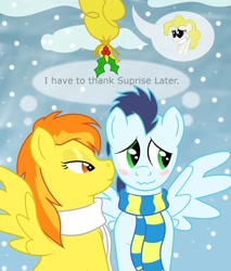 Size: 1458x1712 | Tagged: safe, artist:bluerobin46, derpibooru import, soarin', spitfire, surprise, g1, blushing, clothes, female, g1 to g4, generation leap, holly, holly mistaken for mistletoe, imminent kissing, male, scarf, shipper on deck, shipping, soarinfire, straight, wingboner