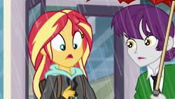 Size: 1280x720 | Tagged: safe, screencap, indigo wreath, sunset shimmer, eqg summertime shorts, equestria girls, monday blues, background human, clothes, female, hoodie, male, rain, umbrella, wet hair