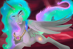 Size: 1200x800 | Tagged: safe, artist:mylittlegodzilla, princess celestia, alicorn, pony, bedroom eyes, ethereal mane, grin, jewelry, looking at you, messy mane, missing accessory, necklace, prone, smiling, solo, sparkles, spread wings